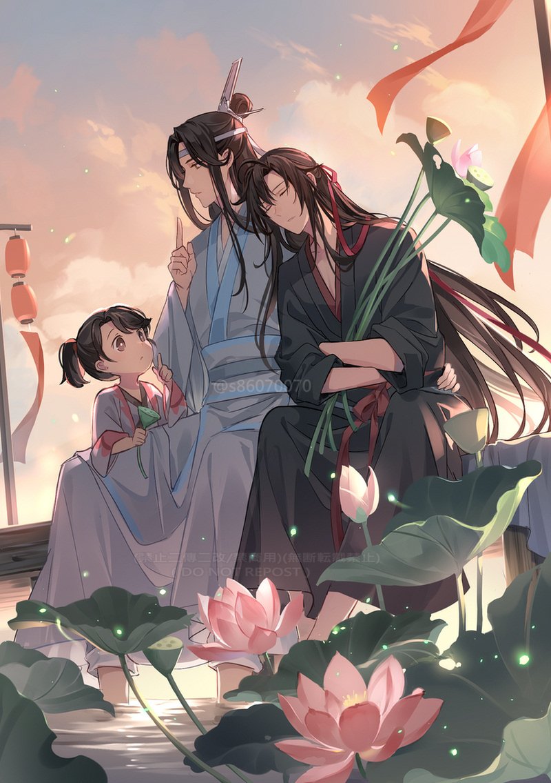 3boys ahoge arm_around_waist artist_name black_hair black_hanfu brown_eyes character_request child chinese_clothes closed_eyes cloud cloudy_sky commentary_request dock evening finger_to_mouth flower gradient_sky hair_between_eyes hair_bun hair_ribbon hand_up hanfu head_on_another&#039;s_shoulder headband index_finger_raised lamppost lan_wangji lantern long_hair long_sleeves looking_at_another lotus lotus_leaf lotus_pod male_focus modao_zushi multiple_boys outdoors paper_lantern parted_bangs parted_lips pink_flower ponytail red_ribbon red_sash ribbon sash shushing sidelocks single_hair_bun sitting sky sleeping sleeping_on_person sleeping_upright soaking_feet sunset twitter_username usagishi very_long_hair water watermark wei_wuxian wei_wuxian_(yiling_laozu) white_hanfu white_headband white_ribbon white_sash wide_sleeves xiao_guan_(headdress)