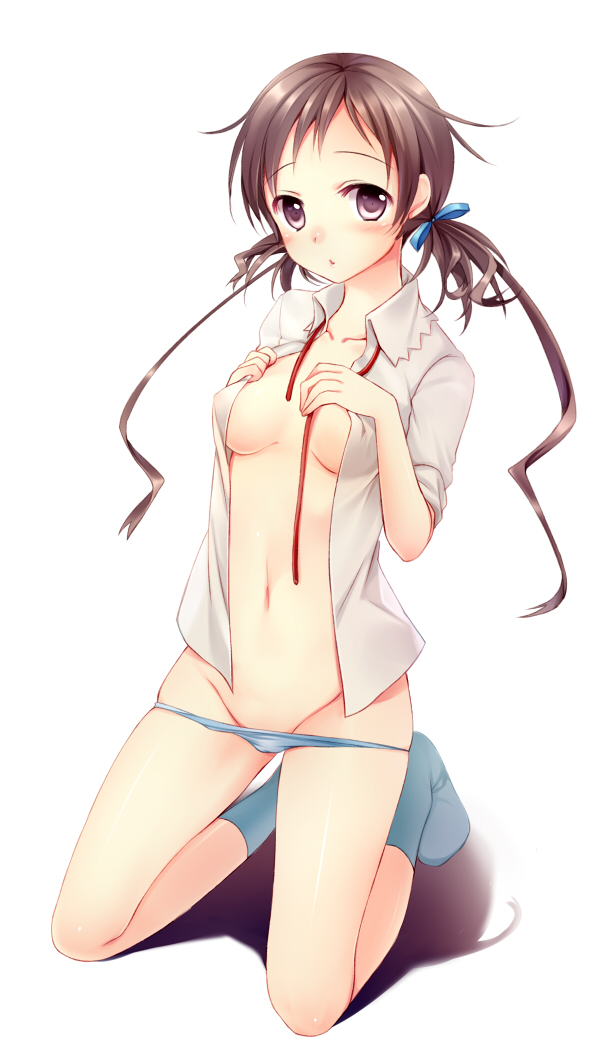 10s 1girl aomi_isara bad_id bad_nicoseiga_id blue_panties blush breasts brown_hair collarbone female_focus hair_ribbon itou_nanami kneeling koi_to_senkyo_to_chocolate long_hair navel open_clothes open_shirt panties purple_eyes ribbon shirt simple_background sleeves_rolled_up socks solo twintails underwear