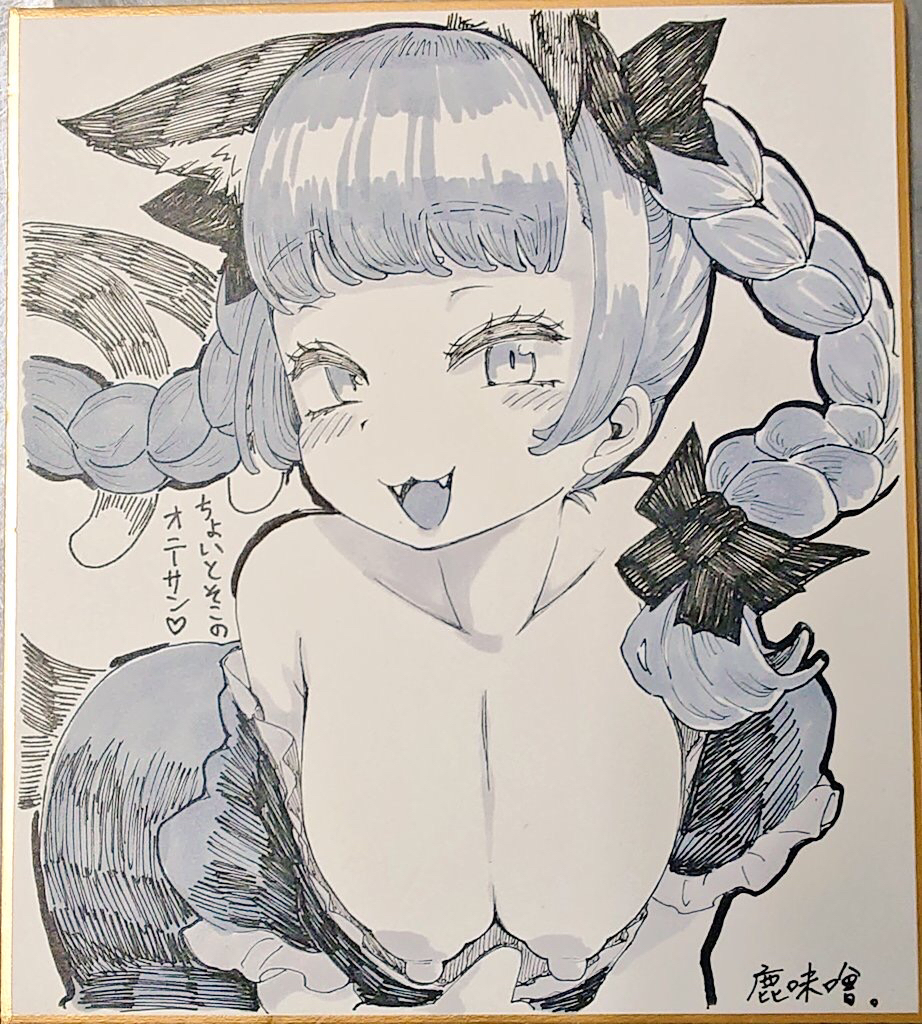 1girl :3 :d animal_ears bent_over blunt_bangs bow braid breasts breasts_out cat_ears cat_tail dress fangs kaenbyou_rin large_breasts looking_at_viewer multiple_tails nekomata nipples open_mouth shika_miso shikishi smile solo tail touhou traditional_media translation_request twin_braids two_tails