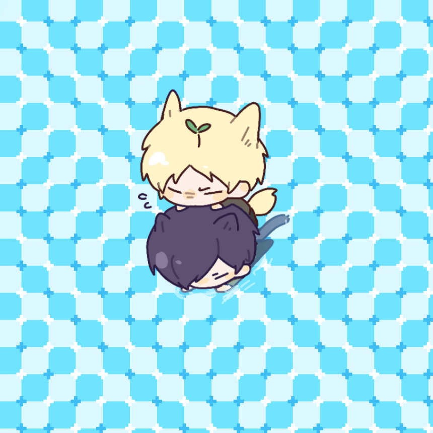2boys aiba_ibuki animal_ears atou_haruki black_hair black_pants blonde_hair blue_background blush_stickers brown_shirt cat_ears cat_tail chibi chibi_only chinese_commentary closed_eyes commentary_request flying_sweatdrops fox_boy fox_ears fox_tail green_shirt hair_over_one_eye kemonomimi_mode lemon04 long_sleeves male_focus multiple_boys optical_illusion pants primrose_field_illusion saibou_shinkyoku shirt short_hair sprout_on_head swimming tail