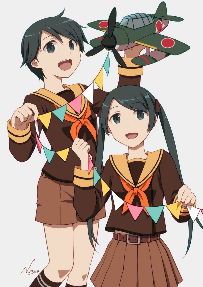 aircraft airplane black_eyes black_hair brown_sailor_collar brown_shirt brown_shorts brown_skirt cowboy_shot e16a_zuiun feet_out_of_frame floatplane holding kantai_collection long_hair mikuma_(kancolle) mikuma_kai_ni_(kancolle) mogami_(kancolle) mogami_kai_ni_(kancolle) nao_(nao_eg) neckerchief open_mouth orange_neckerchief pleated_skirt sailor_collar school_uniform seaplane serafuku shirt short_hair shorts skirt smile string_of_flags toy_airplane twintails