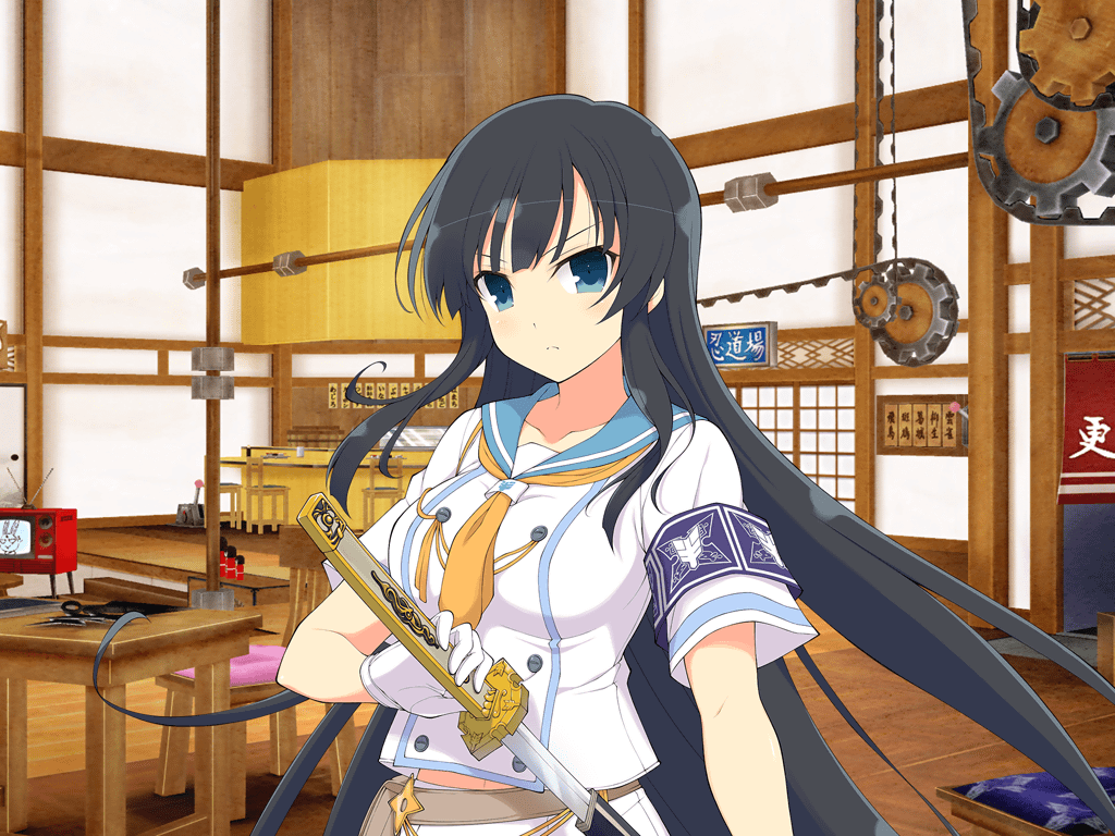 1girl armband ascot belt belt_pouch black_hair blue_armband blue_eyes blue_sailor_collar blush breasts brown_belt buttons chair closed_mouth collarbone crt double-breasted gears gloves hanzou_academy_school_uniform hime_cut holding_sheath ikaruga_(senran_kagura) indoors kunai large_breasts long_hair looking_at_viewer midriff_peek navel ninto_(senran_kagura) official_art ootachi orange_ascot pouch ribbon sailor_collar saya_(scabbard) school_uniform senran_kagura senran_kagura_new_link senran_kagura_shoujo-tachi_no_shin&#039;ei serafuku sheath shirt shouji shuriken skirt sliding_doors solo sword table television tsuka_(handle) v-shaped_eyebrows very_long_hair weapon white_gloves white_serafuku white_shirt wooden_floor