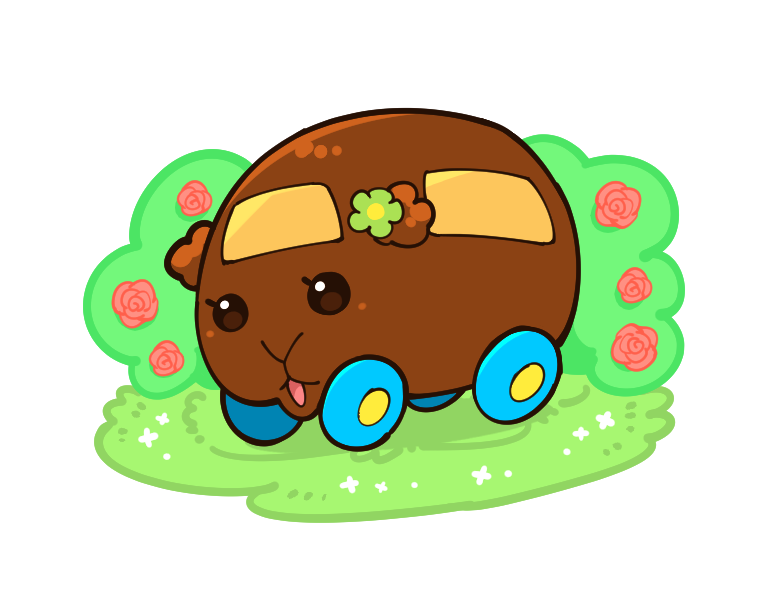 :3 blank_eyes brown_eyes bush choco_(pui_pui_molcar) day flower full_body grass green_flower hair_flower hair_ornament molcar no_humans open_mouth outdoors pui_pui_molcar red_flower red_rose rose solo suzumushi_(tanpopo_cha) white_flower
