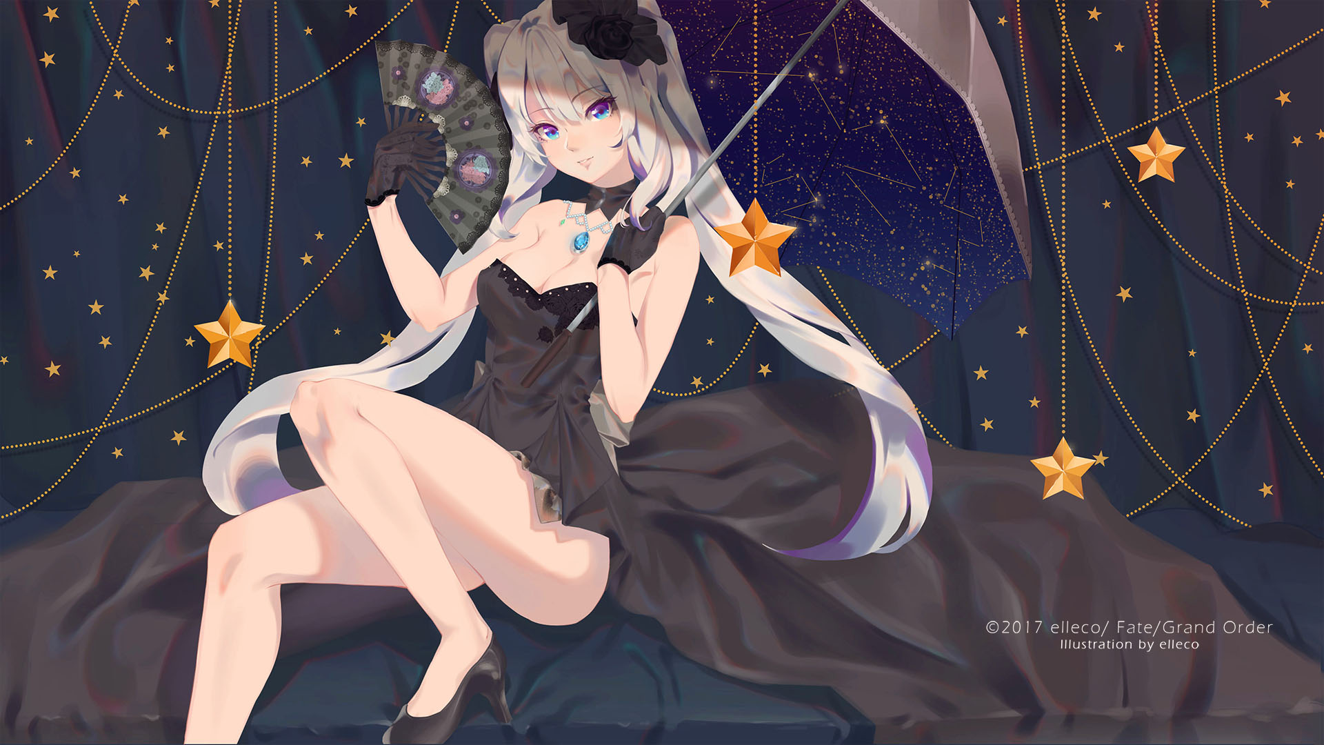 1girl 2017 artist_name bad_id bad_pixiv_id bare_shoulders black_dress black_flower black_gloves black_rose black_shoes blue_eyes blush breasts constellation copyright_name curtains dress elleco_(bcf159) english_text fate/grand_order fate_(series) female_focus floral_print flower folding_fan gloves hair_between_eyes hair_flower hair_ornament hand_fan head_tilt high_heels highres holding holding_fan holding_umbrella jewelry long_hair looking_at_viewer marie_antoinette_(fate) marie_antoinette_(formal_dress)_(fate) medium_breasts necklace official_alternate_costume parted_lips rose shoes sitting smile solo star_(symbol) strapless strapless_dress twintails umbrella very_long_hair white_hair