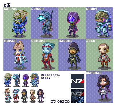 4boys 5girls alien asari_(mass_effect) bald bald_girl blue_eyes blue_skin breasts center_opening chibi cleavage colored_skin garrus_vakarian geth glowing glowing_eye grunt_(mass_effect) hair_tentacles hood hood_up jack_(mass_effect) kasumi_goto krogan legion_(mass_effect) looking_ahead lowres mass_effect_(series) mass_effect_2 miranda_lawson mordin_solus multiple_boys multiple_girls multiple_views n7_armor one-eyed pixel_art quarian robot salarian samara_(mass_effect) shigeru_arsw tali&#039;zorah turian