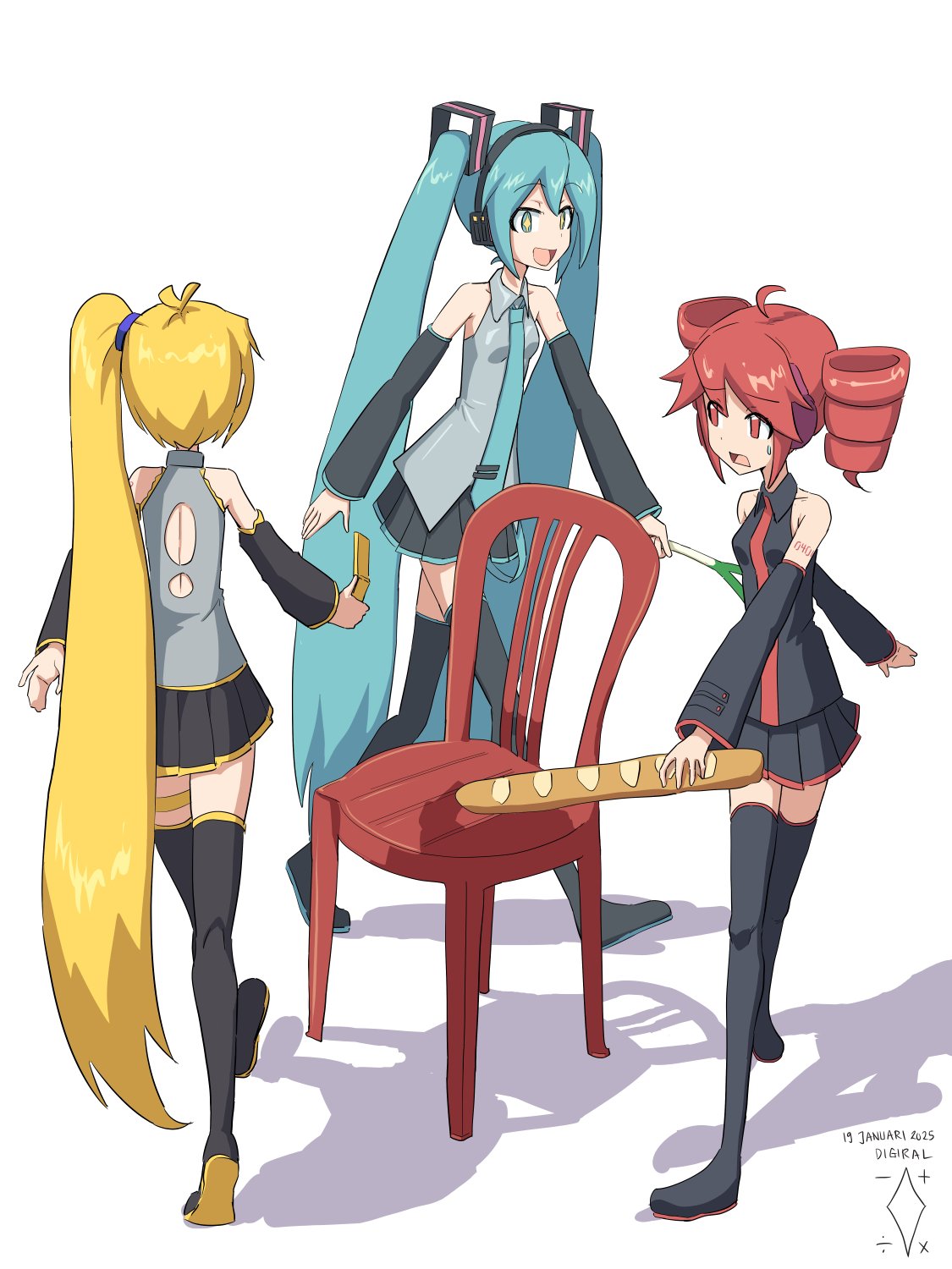 +_+ 3girls :d ahoge akita_neru aqua_eyes aqua_hair aqua_necktie artist_logo artist_name back_cutout baguette black_footwear black_shirt black_skirt black_sleeves blonde_hair boots bread cellphone chair clothing_cutout collared_shirt commentary d: dated detached_sleeves digiral drill_hair english_commentary flip_phone food grey_shirt hair_ornament hatsune_miku headphones highres holding holding_food holding_phone holding_spring_onion holding_vegetable kasane_teto kasane_teto_(utau) logo long_hair long_sleeves looking_at_another miniskirt multiple_girls musical_chairs necktie number_tattoo open_mouth phone pleated_skirt red_eyes red_hair shirt side_ponytail simple_background skirt sleeveless sleeveless_shirt smile spring_onion sweatdrop tattoo thigh_boots thigh_strap triple_baka_(vocaloid) twin_drills twintails utau vegetable very_long_hair vocaloid walking white_background