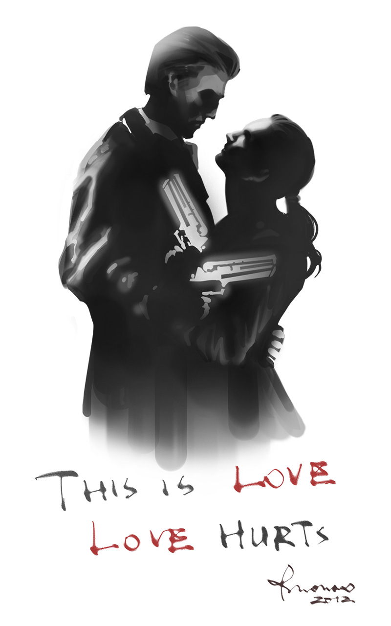 1boy 1girl dated face-to-face highres max_payne_(character) max_payne_(series) max_payne_2 mona_sax monochrome tutle white_background