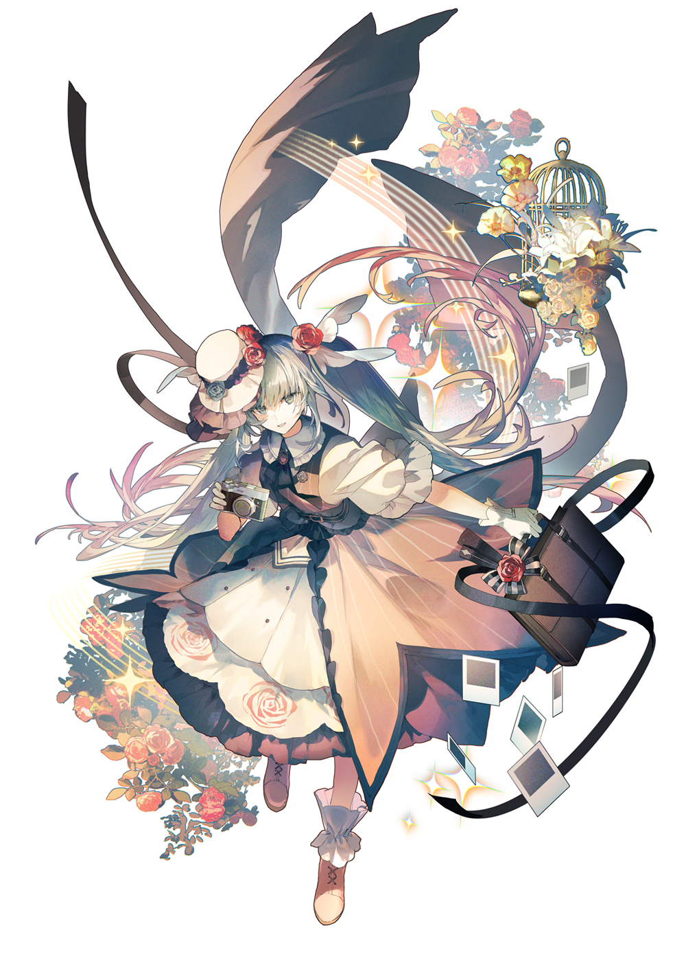 1girl alternate_costume birdcage cage camera chinese_commentary commentary_request dress flower full_body gradient_hair green_eyes green_hair hair_flower hair_ornament hat hatsune_miku highres holding holding_camera holding_suitcase layered_dress lobelia_(saclia) long_hair looking_at_viewer multicolored_hair musical_staff orange_dress orange_shoes photo_(object) pink_hair red_flower red_rose rose shoes short_sleeves simple_bat smile solo sparkle suitcase vocaloid white_background white_dress white_hat yellow_flower