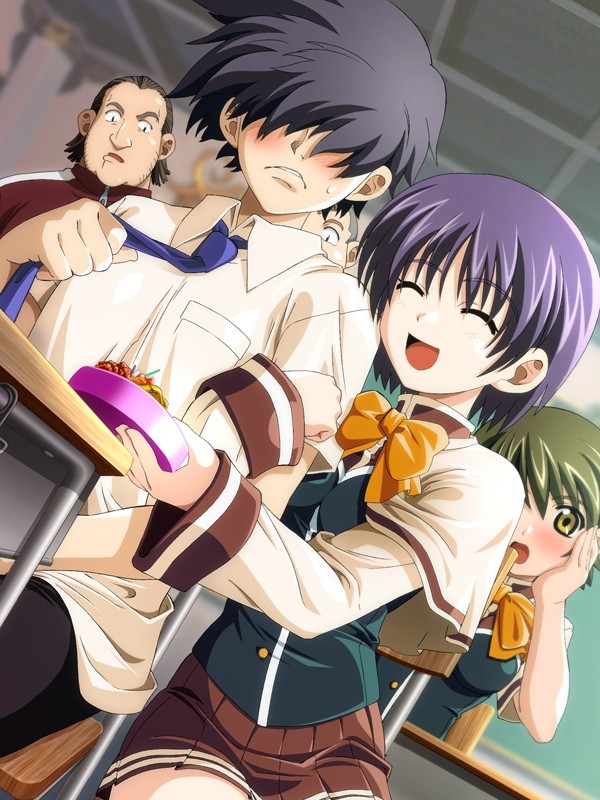 2boys 2girls closed_eyes edelweiss edelweiss_eiden_fantasia food game_cg haruma_kazushi hinata_mizuki multiple_boys multiple_girls purple_hair school_uniform takase_sakura