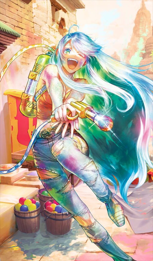 1girl aqua_nails belt belt_buckle blue_hair boots breasts brick_wall brown_belt bucket buckle cleavage colored_inner_hair crop_top denim fangs fate/grand_order fate_(series) foot_out_of_frame glint green_eyes green_hair gun holding holding_gun holding_weapon jeans knee_up kukulkan_(event_portrait)_(fate) kukulkan_(fate) large_breasts light_blue_hair long_hair looking_at_viewer multicolored_hair nail_polish official_art one_eye_closed orange_shirt outdoors paint_gun paint_on_clothes paint_splatter paint_splatter_on_face pants shirt sidelocks sleeveless sleeveless_shirt smile solo swept_bangs tank_(container) textless_version torn_clothes torn_jeans torn_pants tube v_arms weapon yamanaka_kotetsu