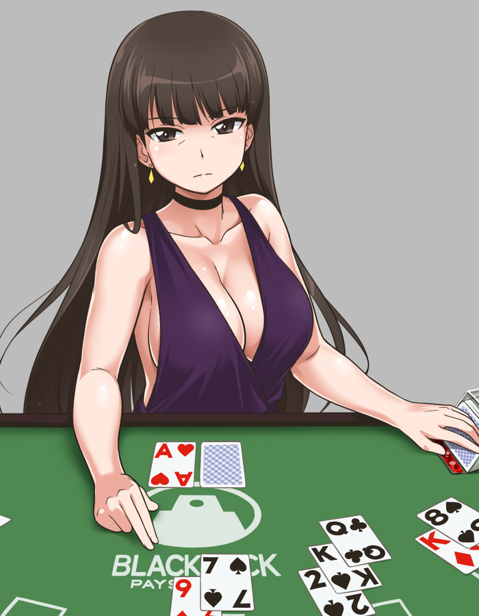 10s 1girl ace_(playing_card) ace_of_hearts bags_under_eyes bare_shoulders blackjack_table breasts brown_eyes brown_hair card casino_card_table cleavage cocktail_dress dress emblem female_focus girls_und_panzer heart king_(playing_card) king_of_diamonds king_of_spades large_breasts long_hair looking_at_viewer mature_female nishizumi_shiho no_bra playing_card queen_(playing_card) queen_of_clubs solo table youkan