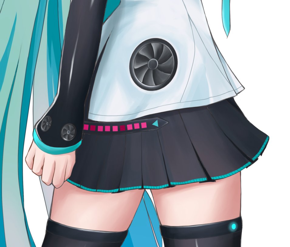 1girl aqua_hair aqua_necktie black_skirt black_sleeves black_thighhighs close-up commentary computer_fan hatsune_miku hatsune_miku_(vocaloid4) hip_focus long_hair long_sleeves miniskirt necktie nekoinu_bamboo pleated_skirt shirt skirt sleeves_past_wrists solo thighhighs tight_clothes twintails v4x very_long_hair vocaloid white_shirt zettai_ryouiki