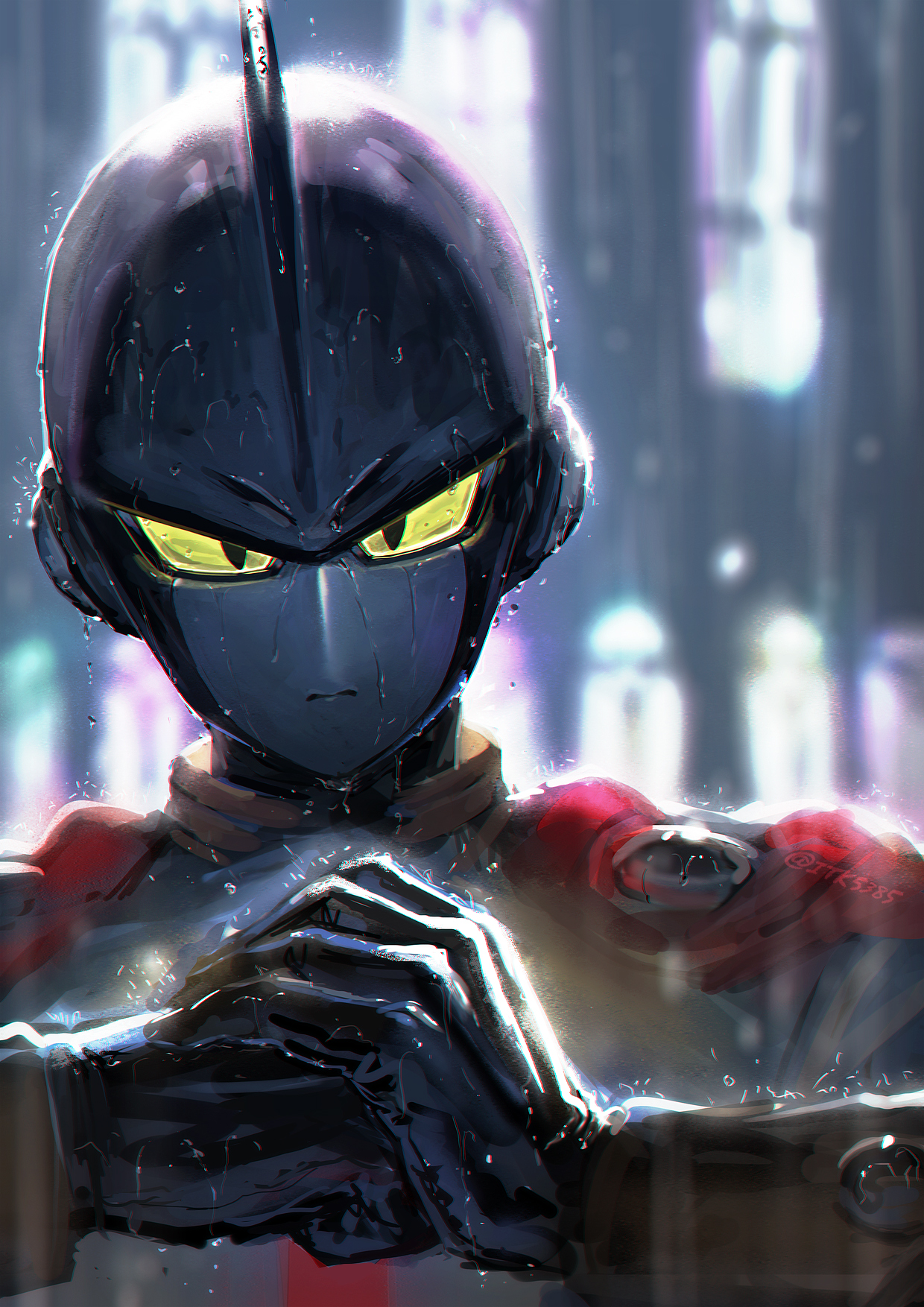 black_gloves blurry blurry_background cape closed_mouth colored_sclera commentary dragon_ball dragon_ball_super dragon_ball_super_super_hero english_commentary gamma_1 gloves highres itsuki_(nightlight) jacket long_sleeves looking_at_viewer male_focus outdoors own_hands_together rain twitter_username upper_body wet yellow_jacket yellow_sclera