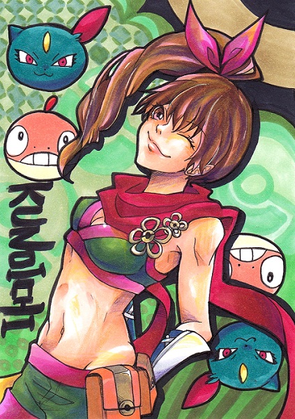 arms_behind_back breasts brown_eyes brown_hair cleavage closed_mouth crop_top drill_hair english_text eyelashes game_freak gen_2_pokemon gen_5_pokemon gloves hair_between_eyes hair_ribbon hip_focus kunoichi_(sengoku_musou) lips looking_at_viewer medium_hair navel ninja nintendo one_eye_closed pokemon pokemon_conquest ponytail pouch red_scarf ribbon scarf scrafty sengoku_musou shiny_skin short_shorts shorts small_breasts smile sneasel vambraces wide_hips wink