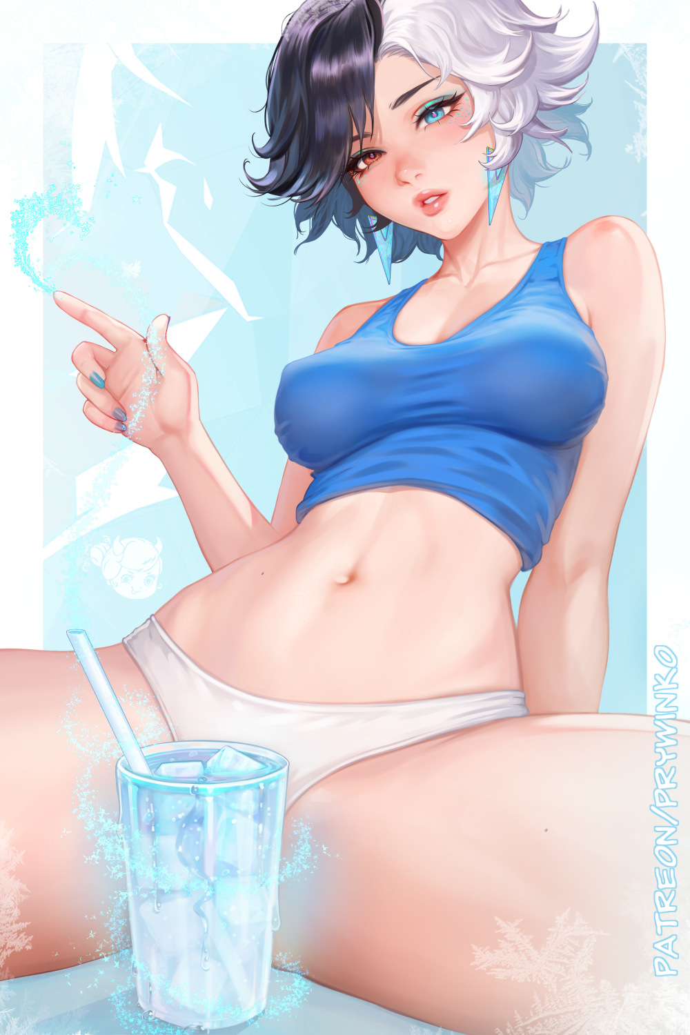 1girl black_hair blue_nails blue_tank_top covered_erect_nipples crop_top cryokinesis cup drinking_glass drinking_straw earrings heterochromia highres ice jewelry luna_snow marvel marvel_rivals multicolored_hair panties prywinko solo split-color_hair spread_legs tank_top thighhighs two-tone_hair underwear white_hair white_panties