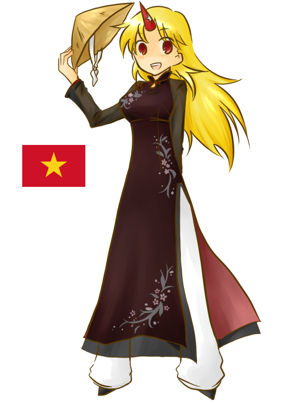 1girl bad_id bad_pixiv_id blonde_hair female_focus flag hat hat_tip horns hoshiguma_yuugi long_hair red_eyes rice_hat satou_(pixiv170616) simple_background single_horn smile solo touhou vietnam ao_dai