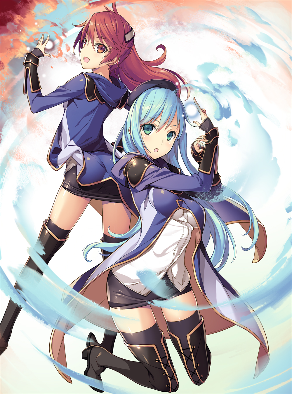 2girls :d advanced_magic_academy_school_uniform black_footwear black_hat black_legwear black_ribbon black_skirt blue_hair boots cover cover_page dress_shirt floating_hair green_eyes hair_between_eyes hand_on_own_hip hat highres kenja_no_mago kikuchi_seiji kneeling long_hair looking_at_viewer maria_von_messina miniskirt multiple_girls novel_cover open_mouth pencil_skirt photoshop_(medium) red_eyes red_hair ribbon school_uniform shiny_clothes shiny_skin shirt sicily_von_claude skirt smile standing thigh_boots thighhighs very_long_hair white_shirt