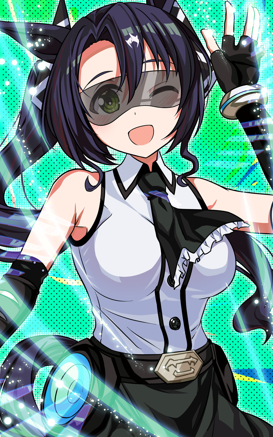 1girl ;d animal_ears armpit_crease bare_shoulders black_hair black_necktie black_skirt blush breasts collared_shirt commentary_request cosplay cowboy_shot dunant_pilse elbow_gloves eye_mask fingerless_gloves frills gloves green_background green_eyes hair_between_eyes hand_up highres horse_ears horse_girl horse_tail lady_black_(shy) large_breasts long_hair looking_at_viewer multicolored_hair necktie one_eye_closed open_mouth satono_crown_(umamusume) shirt shy_(series) side_ponytail sidelocks skirt sleeveless sleeveless_shirt smile solo standing streaked_hair suzushiro_sayumi tail umamusume voice_actor_connection white_hair white_shirt yasume_yukito