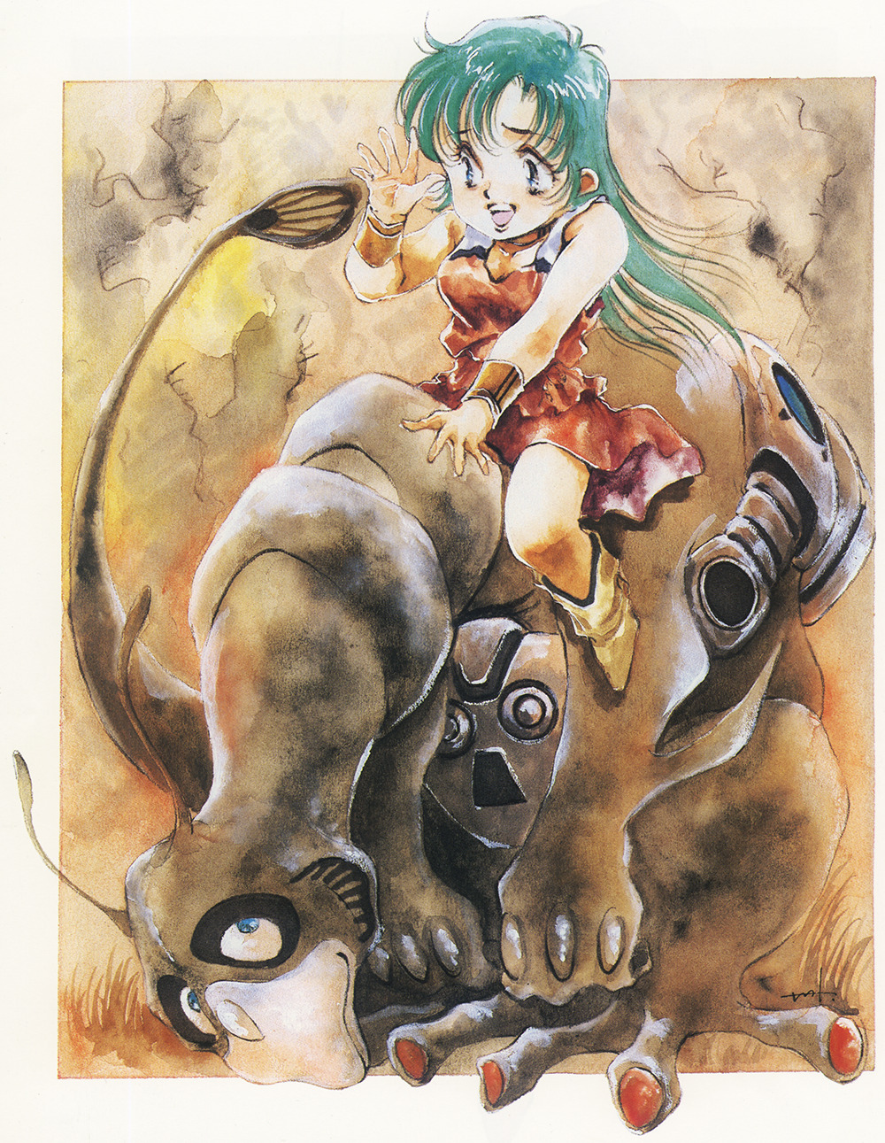 1980s_(style) 1girl android boots bracelet child choujikuu_seiki_orguss dinosaur dress grass harness highres jabby jewelry mikimoto_haruhiko mome_(orguss) monster mu_(orguss) oldschool open_mouth orguss painting_(medium) production_art promotional_art retro_artstyle riding robot scan science_fiction traditional_media watercolor_(medium)