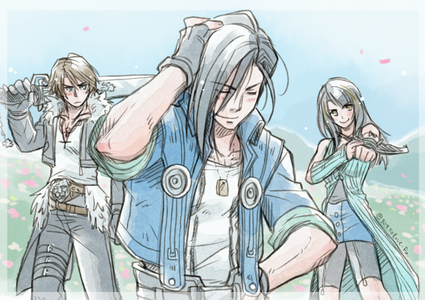 1girl 2boys 80850love_fu arm_warmers belt black_gloves black_hair black_jacket black_pants black_shorts blouse blue_dress blue_jacket blush breasts brown_hair cropped_jacket dissidia_final_fantasy dissidia_final_fantasy_nt dog_tags dress closed_eyes falling_petals field fighting_stance final_fantasy final_fantasy_viii fingerless_gloves flower flower_field fur_trim gloves gunblade hair_between_eyes hand_in_own_hair hand_on_own_hip holding holding_weapon jacket jewelry laguna_loire medium_breasts medium_hair multicolored_hair multiple_belts multiple_boys necklace over_shoulder pants petals rinoa_heartilly shirt short_hair shorts sleeves_rolled_up smile squall_leonhart streaked_hair thigh_strap upper_body weapon weapon_over_shoulder white_shirt