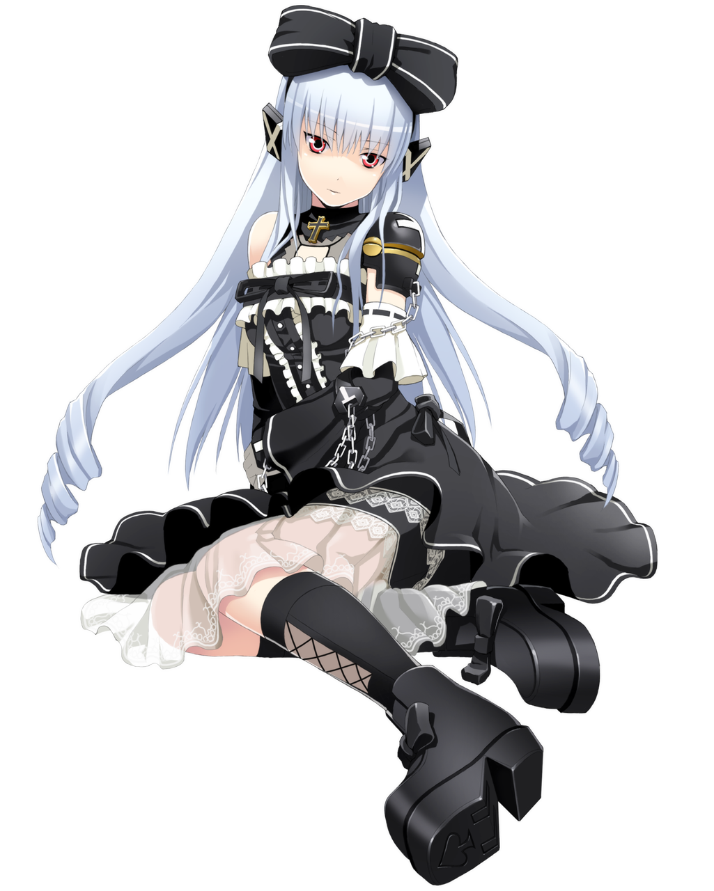 1girl bow chain cosmic_break cross detached_sleeves dress drill_hair female_focus full_body gothic_lolita hair_bow hair_ornament highres ivis lolita_fashion long_hair mecha_musume official_art platform_footwear red_eyes ribbon silver_hair sitting solo transparent_background wakaba_sprout