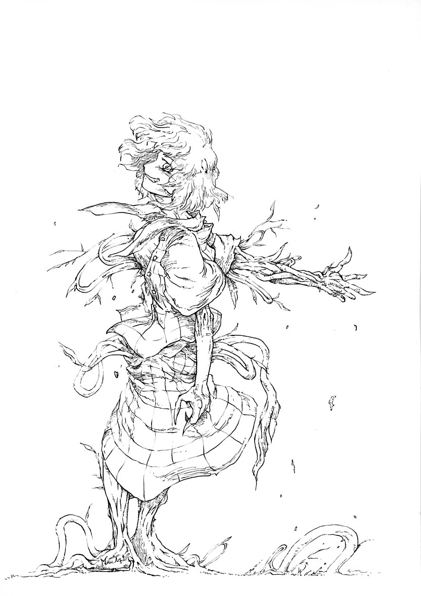 1girl ascot dryad fang female_focus greyscale grin kazami_yuuka monochrome monster_girl pandemonium plaid_clothes plaid_skirt plaid_vest plant_girl profile short_hair skirt skirt_set smile solo touhou vest