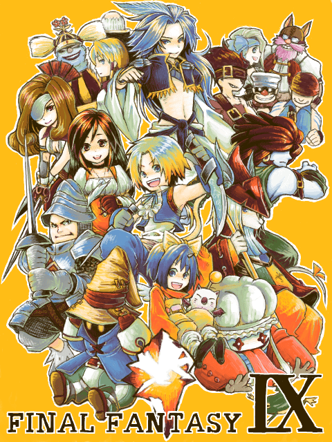 adelbert_steiner baku_(ff9) beatrix black_hair blank_(ff9) bodysuit brahne_raza_alexandros_xvi breasts brown_hair cinna_(ff9) cleavage closed_mouth commentary_request eiko_carol final_fantasy final_fantasy_ix freija_crescent garland_(ff9) garnet_til_alexandros_xvii kuja long_hair marcus_(ff9) mikoto_(ff9) moogle multiple_boys multiple_girls open_mouth orange_bodysuit quina_quen ruby_(ff9) salamander_coral short_hair smile standing vivi_ornitier zidane_tribal