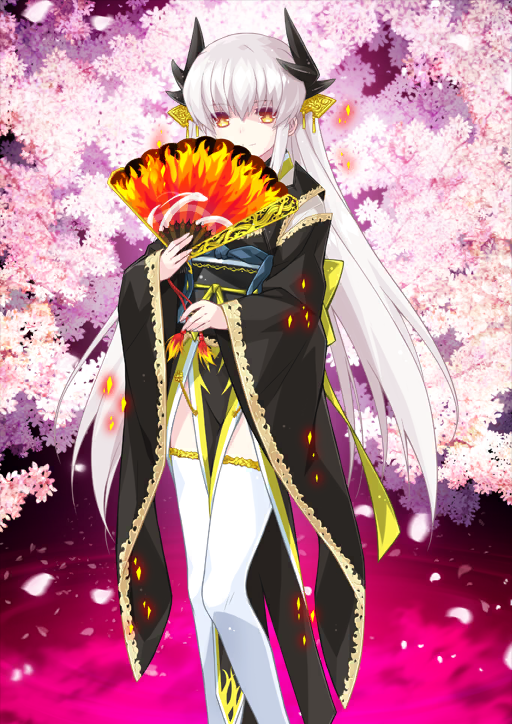 1girl black_(artist) black_horns black_kimono black_sash bow cherry_blossoms dragon_girl fate/grand_order fate_(series) feet_out_of_frame flower hair_between_eyes hand_fan holding holding_fan horns japanese_clothes kimono kiyohime_(fate) kiyohime_(third_ascension)_(fate) long_hair multiple_horns obi official_art pelvic_curtain petals red_eyes sash side_slit sidelocks solo thighhighs third-party_source tree very_long_hair white_hair white_thighhighs wide_sleeves yellow_bow