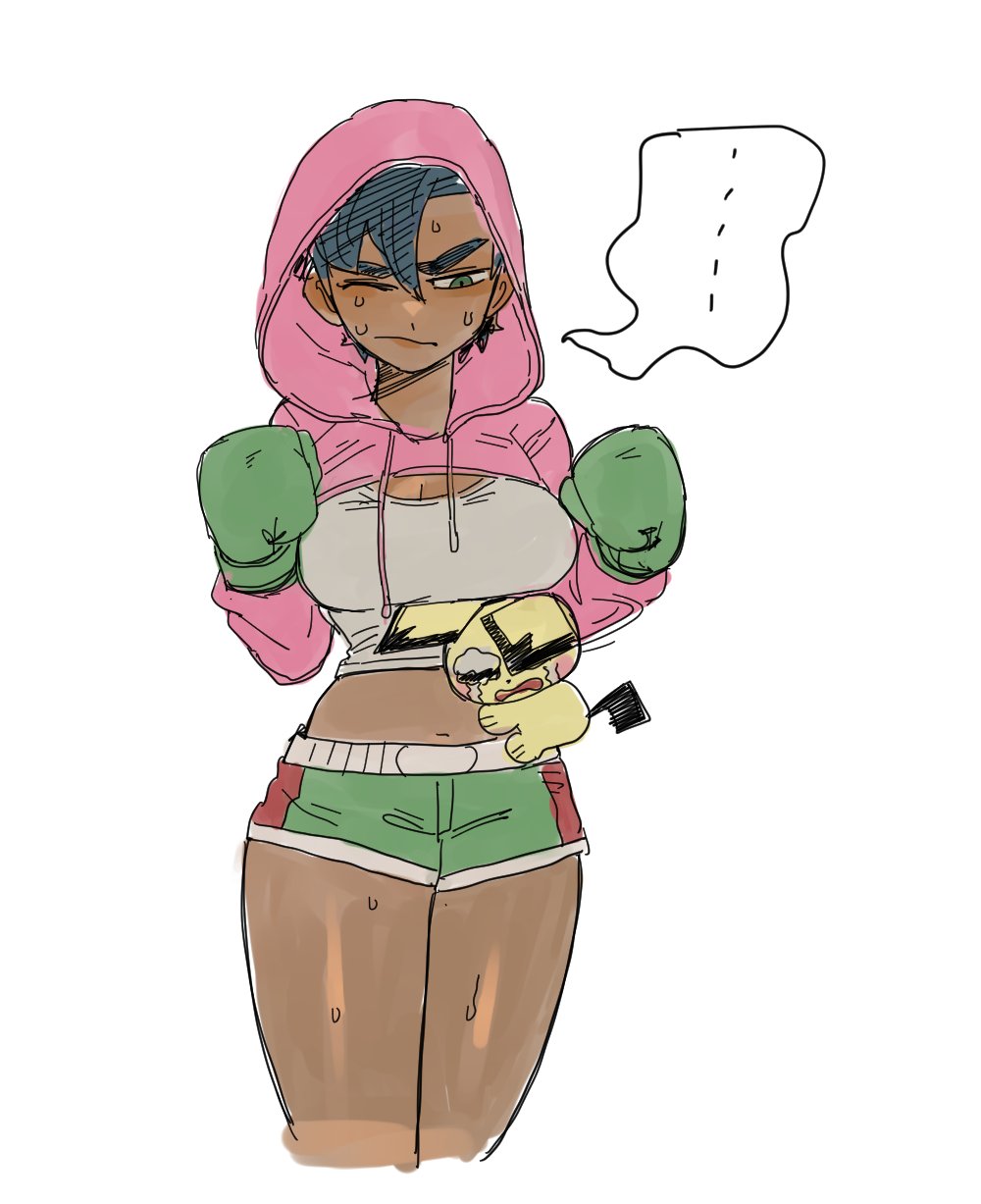 ... 1girl 1other black_hair boxing_gloves cowboy_shot creatures_(company) crying dancho_no_mori dark-skinned_female dark_skin frown game_freak gen_2_pokemon genderswap genderswap_(mtf) green_eyes highres hood hood_up hoodie hug little_mac looking_at_another nintendo one_eye_closed pichu pokemon punch-out!! short_hair shorts speech_bubble super_smash_bros. sweat sweater tank_top white_background