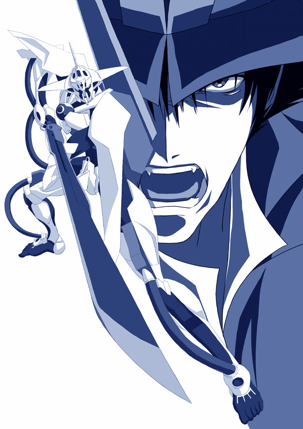 1boy angry black_hair dann_of_thursday fighting_stance gunxsword looking_at_viewer male_focus mecha monochrome robot sharp_teeth shouting sword teeth van_(gunxsword) weapon