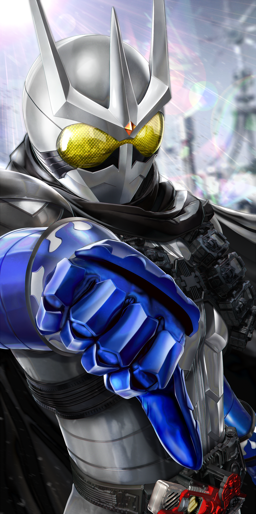 1boy antennae armor armored_gloves belt cape compound_eyes gaia_memory gloves helmet highres kamen_rider kamen_rider_eternal kamen_rider_gotchard kamen_rider_gotchard_(series) kamen_rider_w lost_driver male_focus masukudo_(hamamoto_hikaru) rider_belt solo thumbs_down tokusatsu upper_body white_armor yellow_eyes