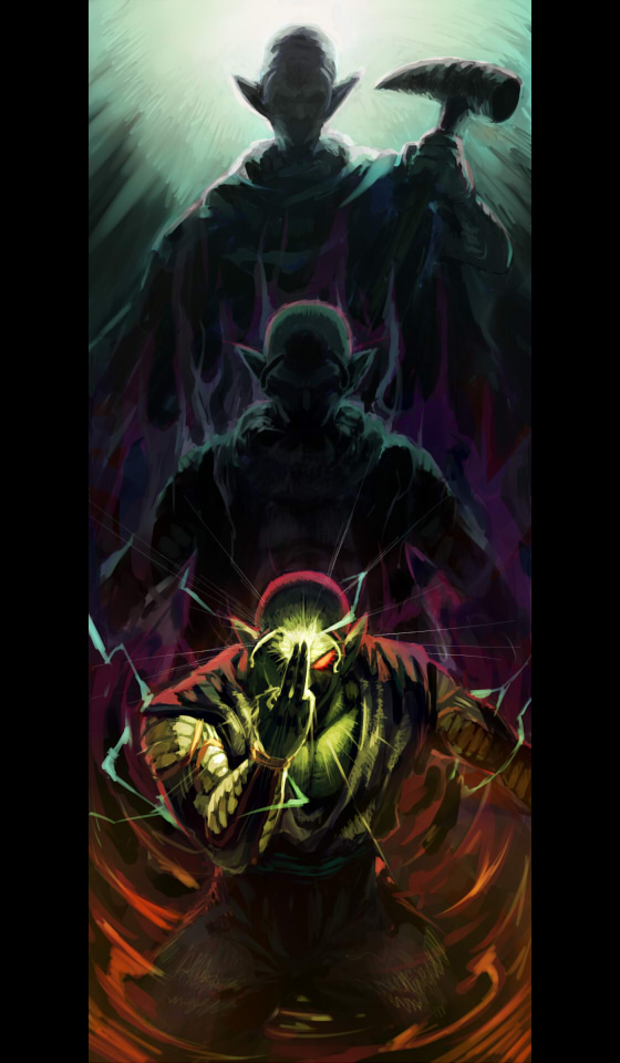 3boys antennae black_border border cape commentary_request cowboy_shot crackling_energy dougi dragon_ball dragonball_z glowing glowing_eye holding holding_staff kami-sama_(dragon_ball) kinjuu_(hariharitt) makankousappou male_focus multiple_boys muscular muscular_male nail_(dragon_ball) namekian no_pupils one_eye_in_shadow piccolo pointy_ears red_eyes silhouette staff