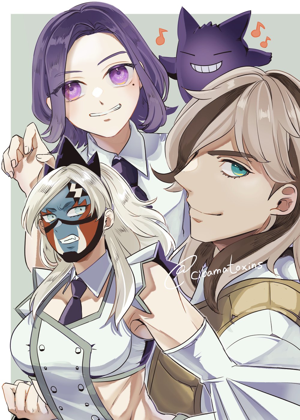 1boy 2girls aqua_eyes arven_(pokemon) blonde_hair breasts brown_hair cibamatoxins clenched_teeth closed_eyes commentary_request detached_sleeves eri_(pokemon) facepaint gen_1_pokemon gengar grin hair_over_one_eye highres juliana_(pokemon) large_breasts long_hair medium_hair mole mole_under_eye multicolored_hair multiple_girls necktie nintendo pokemon pokemon_(creature) pokemon_sv purple_eyes purple_hair purple_necktie smile streaked_hair teeth toyota_hiace twitter_username two-tone_hair