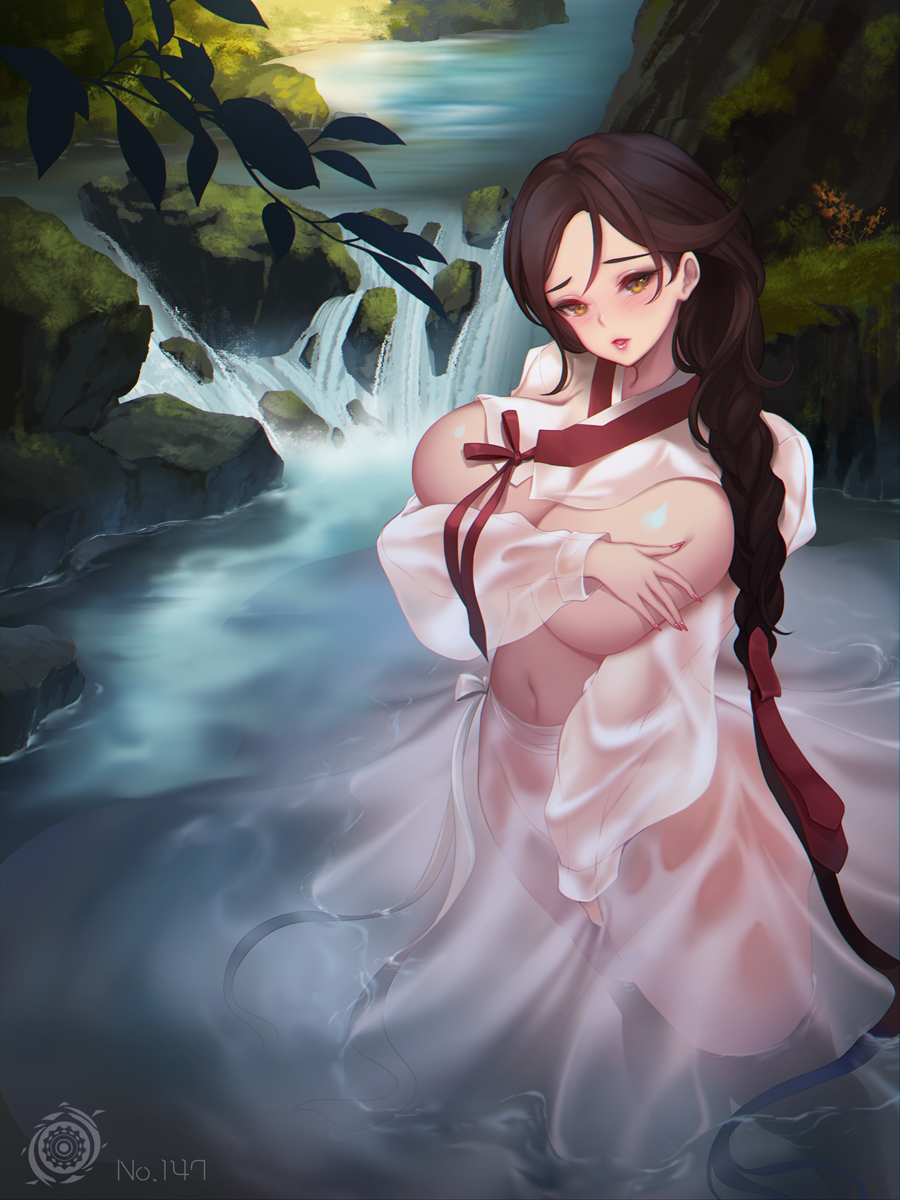 1girl blush braid breasts brown_eyes brown_hair highres huge_breasts keumran_(last_origin) korean_clothes last_origin long_hair looking_at_viewer md5_mismatch navel outdoors rock single_braid solo stream toriseru_(rare_stone) water waterfall wet wet_clothes