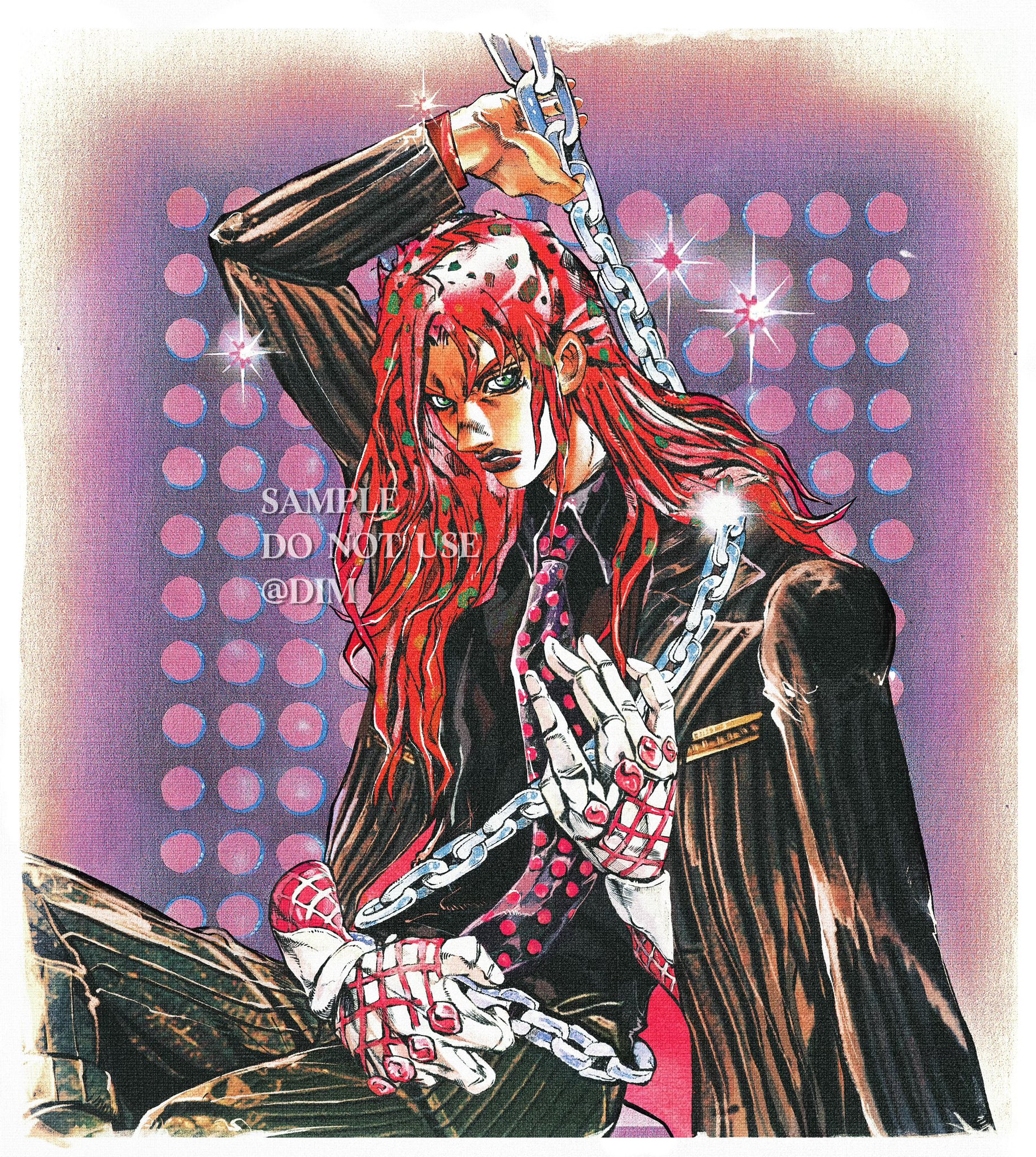1boy araki_hirohiko_(style) black_jacket black_lips black_pants black_shirt chain collared_shirt diavolo dim_7976 green_eyes highres jacket jojo_no_kimyou_na_bouken jojo_pose king_crimson_(stand) long_hair pants polka_dot polka_dot_background polka_dot_hair polka_dot_tie red_hair shirt traditional_media tuxedo vento_aureo