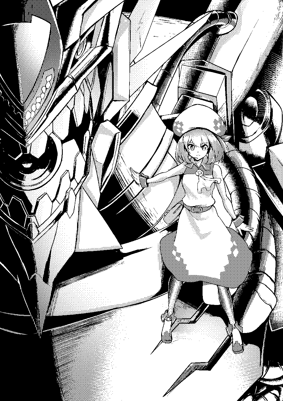 1girl bare_shoulders close-up digimon digimon_(creature) digimon_linkz dragon dress full_body halftone hat highres hisuikouha kurihara_hina medium_hair metallicdramon monochrome non-humanoid_robot robot robot_dragon