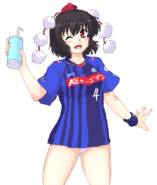 1girl :d ;d alternate_costume breasts brown_hair drink female_focus hat isaki_(gomi) j._league looking_at_viewer mito_hollyhock one_eye_closed open_mouth panties pixel_art pom_pom_(clothes) racing_stripes red_eyes shameimaru_aya shirt short_hair smile solo thighs tokin_hat touhou underwear white_panties wristband