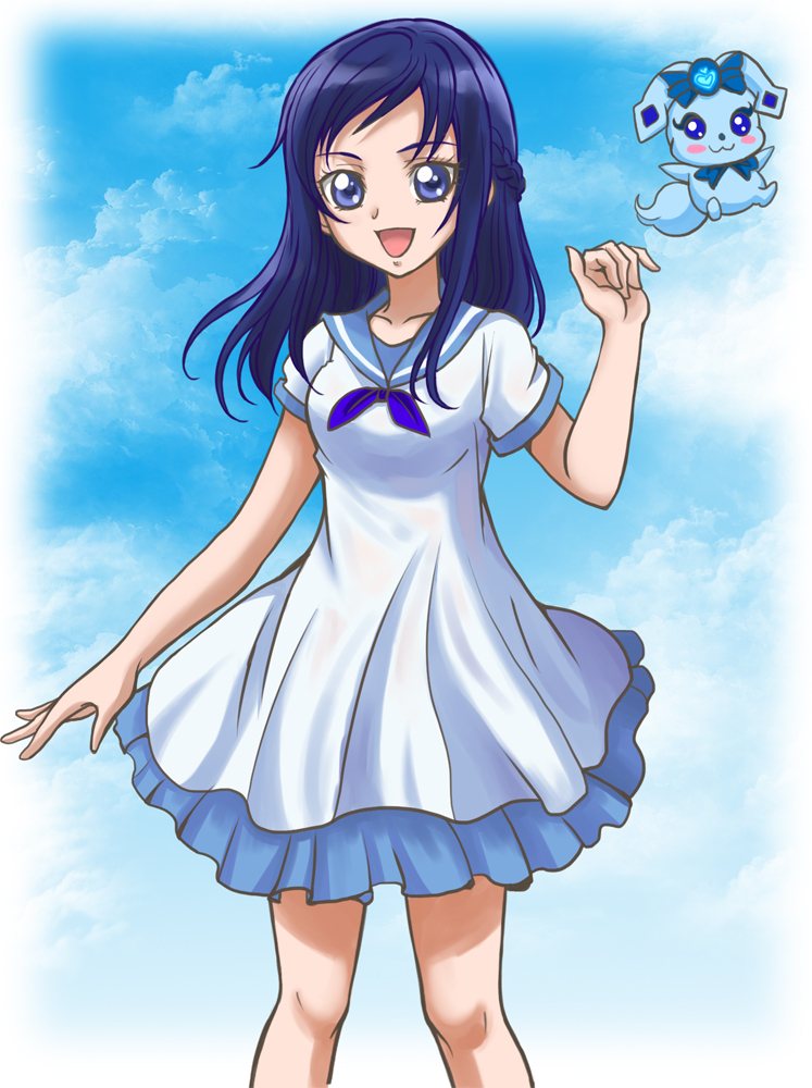1girl :d blue_eyes blue_hair blue_ribbon blue_sailor_collar collarbone dokidoki!_precure dress female_focus hanzou hishikawa_rikka long_hair looking_at_viewer neck_ribbon open_mouth precure rakeru_(dokidoki!_precure) ribbon sailor_collar short_dress short_sleeves smile solo standing swept_bangs white_dress