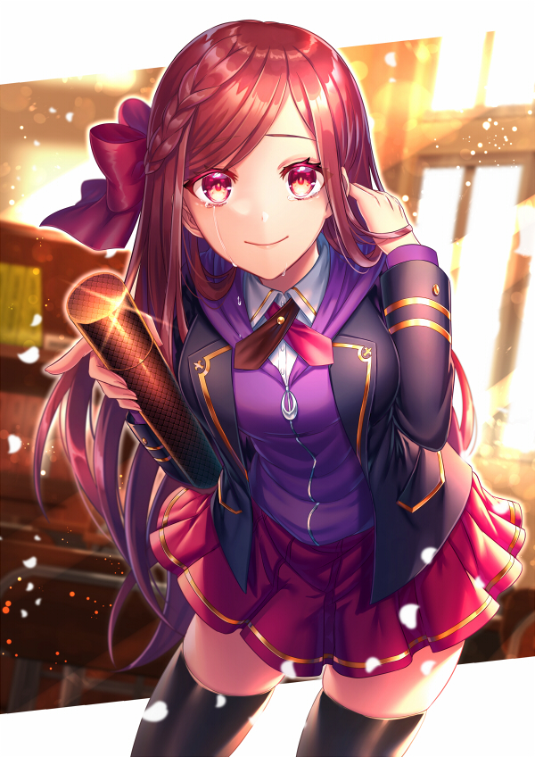 1girl bad_id bad_pixiv_id black_jacket black_thighhighs blazer blurry blurry_background braid breasts buttons cardigan closed_mouth collared_shirt cowboy_shot crying crying_with_eyes_open day depth_of_field female_focus graduation hair_ribbon hand_up hood hood_down jacket kamuinii legs_apart light_particles long_hair long_sleeves looking_at_viewer medium_breasts miniskirt moe2019 open_clothes open_jacket original petals pleated_skirt purple_cardigan red_eyes red_hair red_neckwear red_ribbon red_skirt ribbon school_uniform shirt sidelocks skindentation skirt smile solo standing tears thighhighs very_long_hair white_shirt window wing_collar zettai_ryouiki zipper_pull_tab