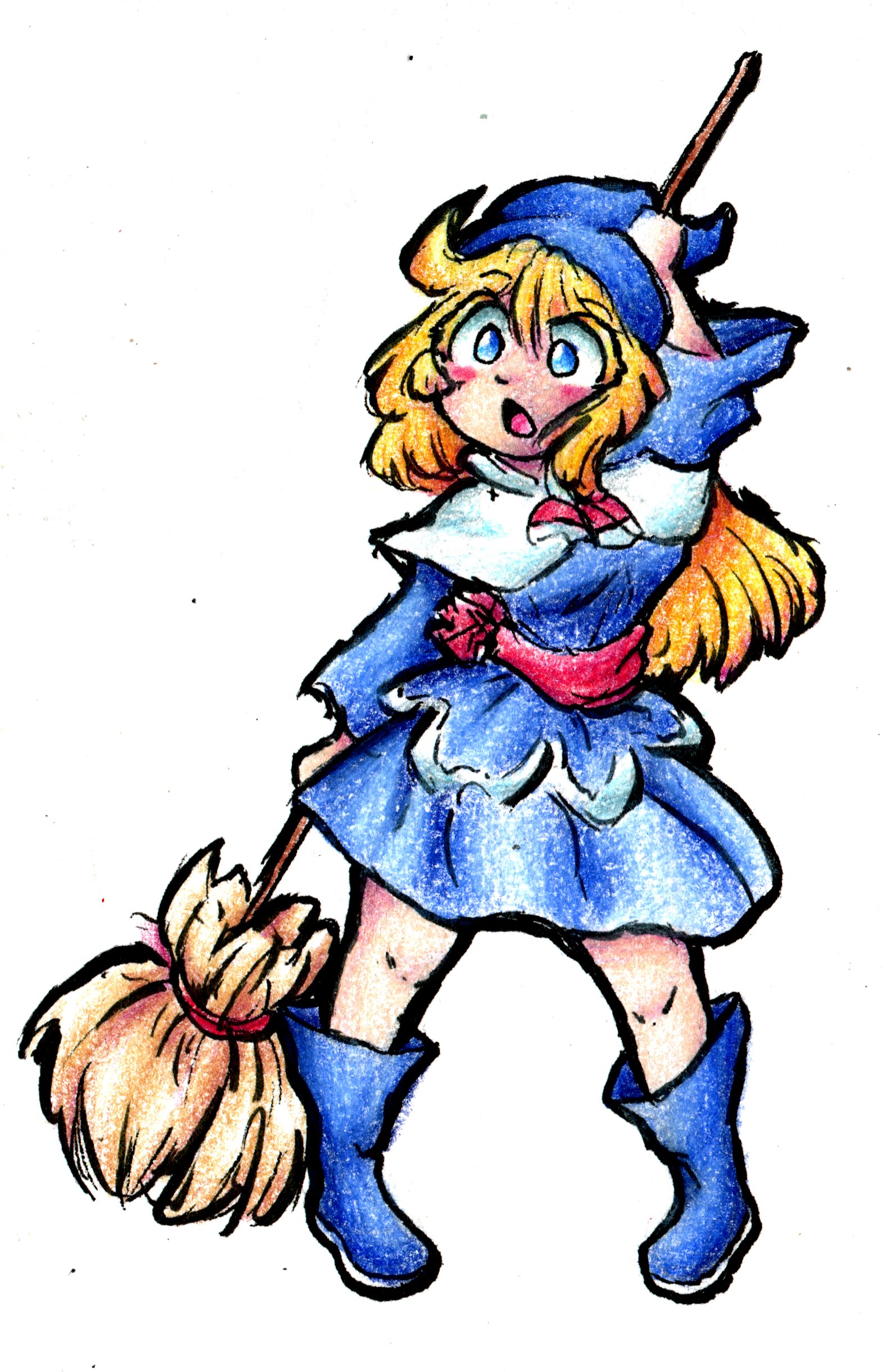 1girl :o absurdres blonde_hair blue_boots blue_dress blue_eyes blue_hat blush_stickers boots broom capelet dress hat highres holding holding_broom long_hair obi open_mouth puyopuyo red_sash sash scan scan_artifacts simple_background solo standing thatartistann traditional_media white_background white_capelet wide-eyed witch_(puyopuyo)