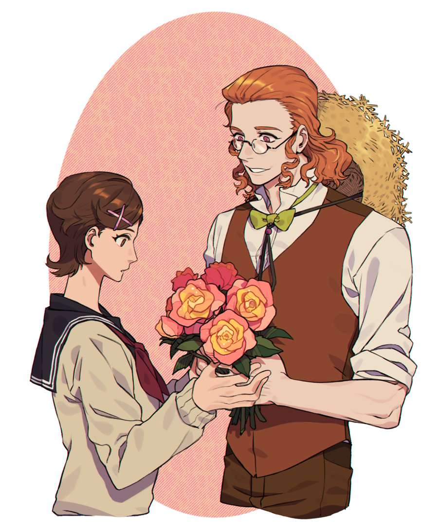 1boy 1girl black_sailor_collar bow bowtie brown_hair brown_pants brown_vest cardigan classicaloid collared_shirt cropped_legs flower franz_schubert_(classicaloid) glasses green_bow green_bowtie hair_ornament hairclip hat hat_on_back neckerchief otowa_kanae pants parted_lips pink_flower red_neckerchief sailor_collar sf_jd shirt straw_hat vest white_shirt