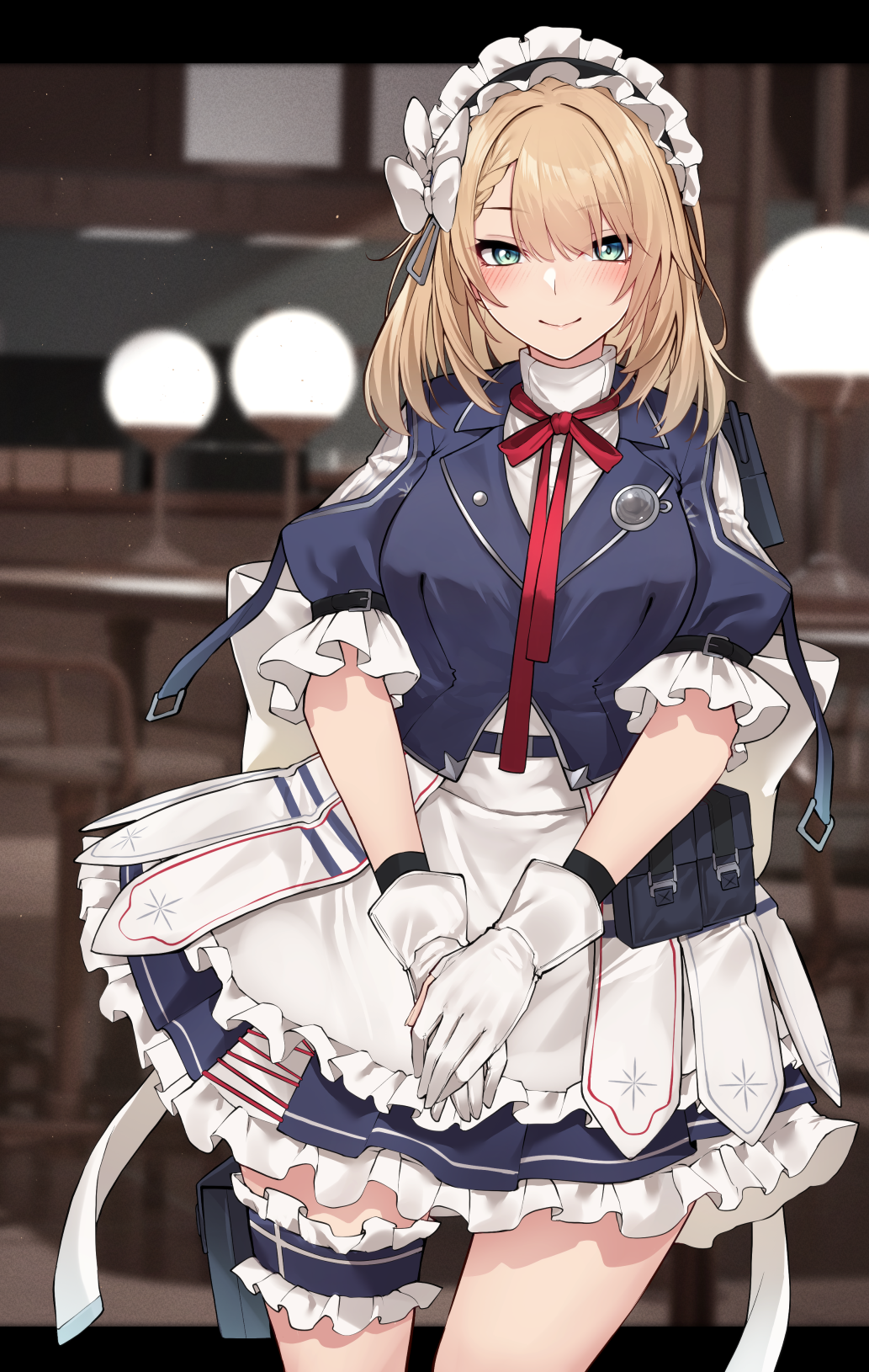 1girl blonde_hair blue_dress blush braid braided_bangs breasts centaureissi_(girls&#039;_frontline_2) commission cowboy_shot dress fluegel_(gumi710) frilled_dress frills g36_(girls&#039;_frontline) girls&#039;_frontline girls&#039;_frontline_2:_exilium gloves green_eyes hair_between_eyes highres indoors large_breasts looking_at_viewer maid maid_headdress medium_hair puffy_short_sleeves puffy_sleeves short_dress short_sleeves skeb_commission smile solo standing thigh_strap white_gloves