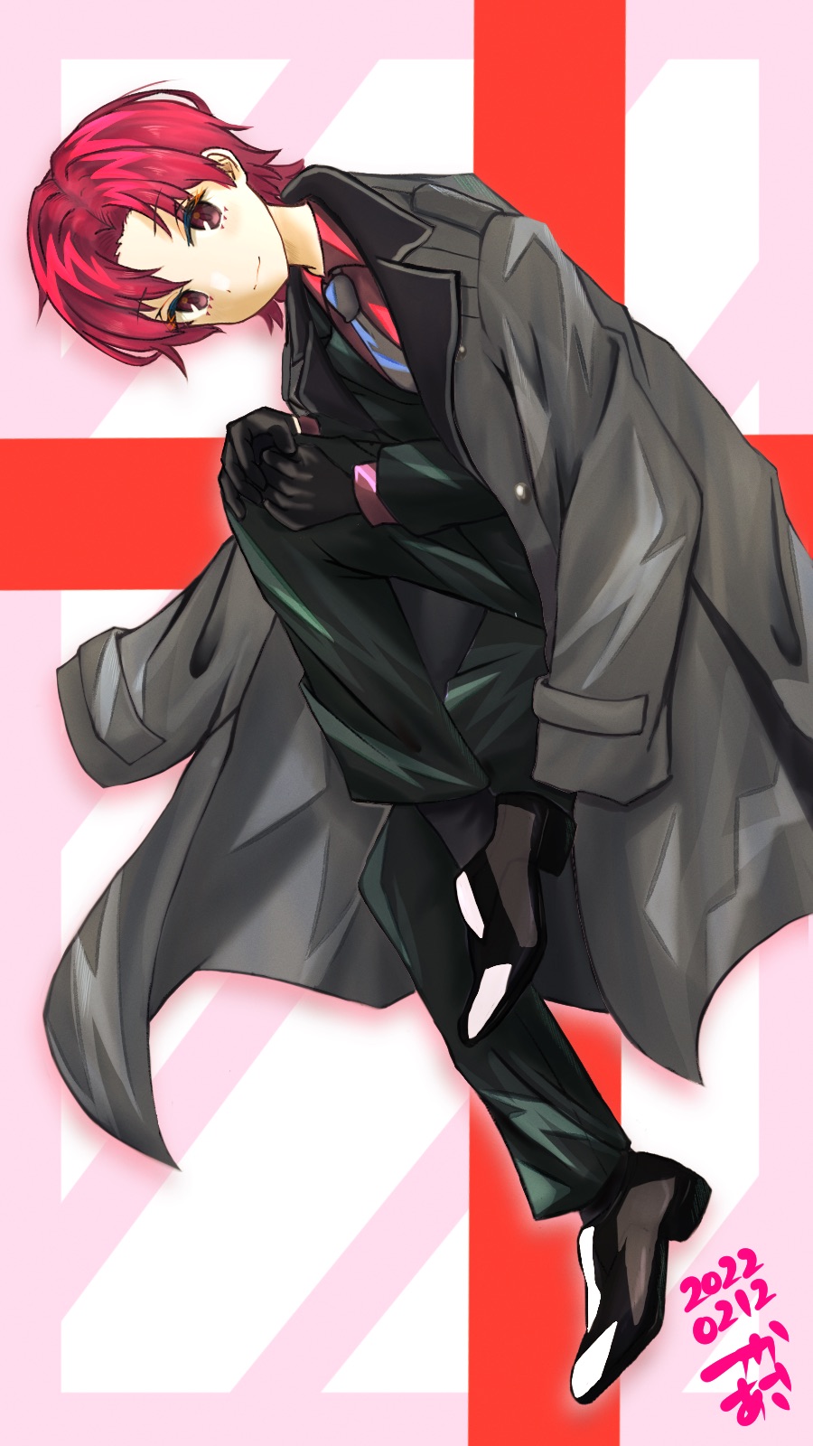 1girl bazett_fraga_mcremitz black_coat black_gloves black_necktie black_pants black_shirt black_shoes black_socks closed_mouth coat dated fate/hollow_ataraxia fate_(series) gloves hands_on_own_knee highres knee_up long_sleeves looking_at_viewer necktie pants pink_hair red_shirt shirt shoes short_hair smile socks solo tsukaasa