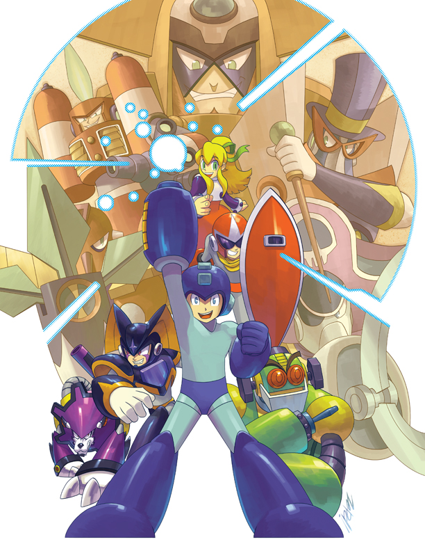 arm_cannon arm_up auto_(mega_man) bass_(mega_man) blades blonde_hair blue_eyes burner_man dress evil_grin evil_smile eyepatch grin hat helmet hook king_(mega_man) looking_at_viewer magic_man mask mega_man_&amp;_bass mega_man_(character) mega_man_(classic) mega_man_(series) no_humans non-humanoid_robot pirate_man ponytail proto_man red_dress robot robot_animal robot_dog robot_girl roll_(mega_man) rush_(mega_man) scarf shield smile standing sunglasses tengu_man tengu_mask treble_(mega_man) wand weapon