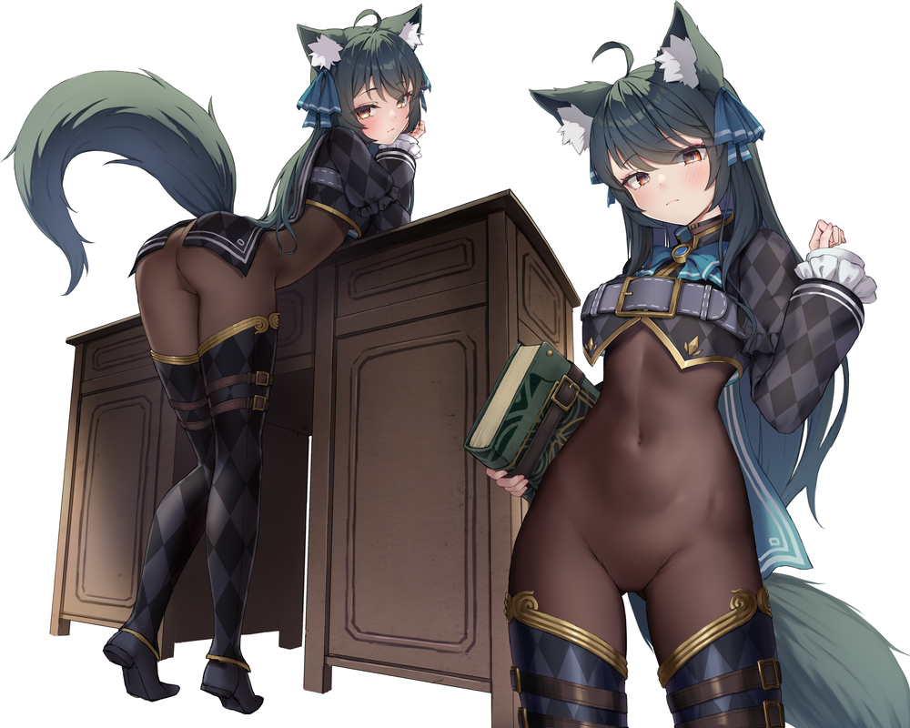 1girl ahoge animal_ear_fluff animal_ears ass book breasts closed_mouth commentary_request commission covered_navel green_hair holding holding_book long_hair long_sleeves looking_at_viewer multiple_views paid_reward_available red_eyes ryuudog skeb_commission small_breasts svartlilja_(vrchat) tail vrchat wolf_ears wolf_girl