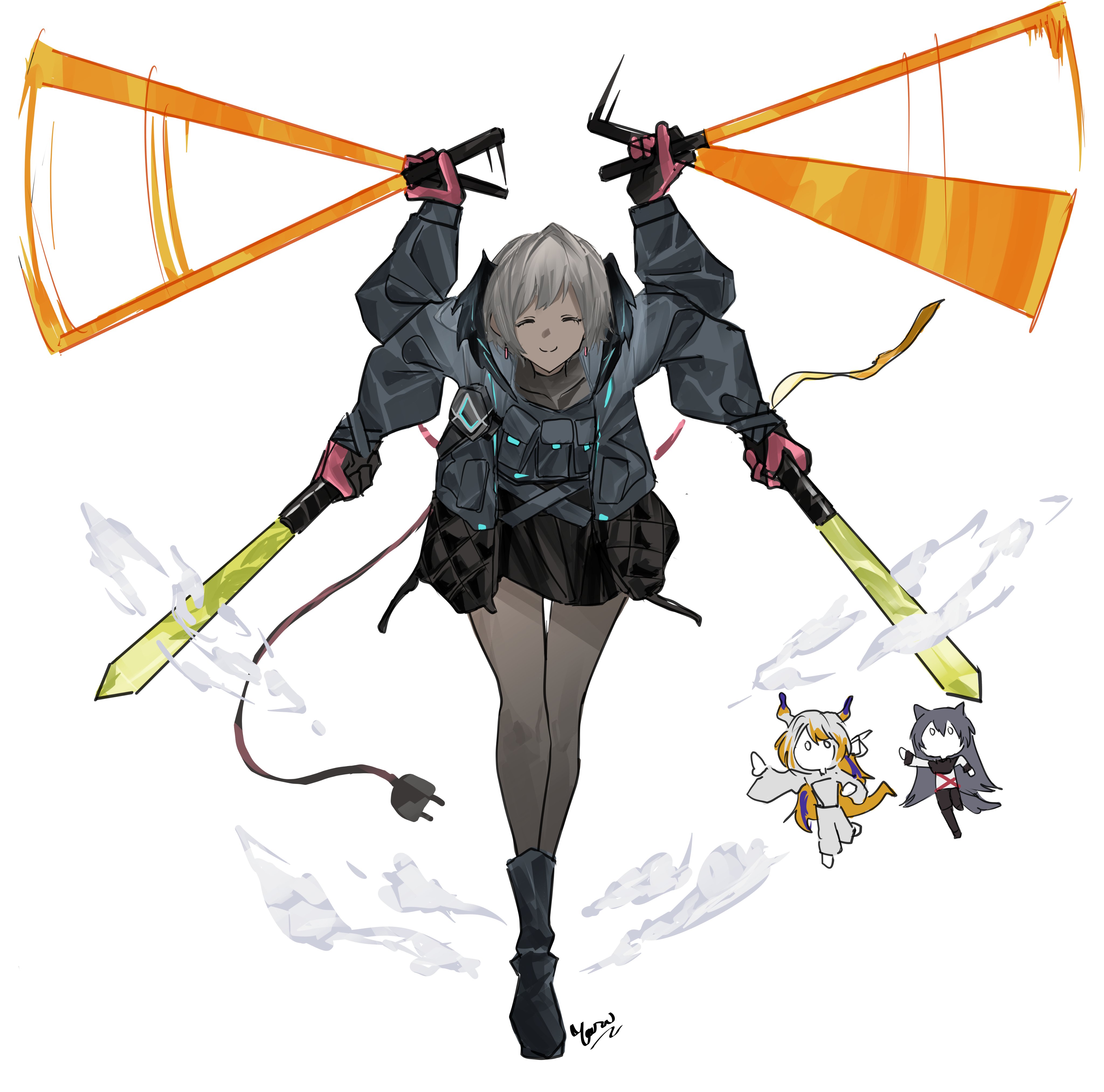 3girls ^_^ absurdres afterimage arknights black_gloves black_jacket chibi closed_eyes closed_mouth commentary commission dual_wielding electric_plug english_commentary extra_arms facing_viewer general_grievous gloves grey_hair grey_pantyhose highres holding holding_sword holding_weapon jacket leaning leaning_forward long_sleeves multiple_girls pantyhose parody pink_gloves pose_imitation quadruple_wielding raidian_(arknights) short_hair shu_(arknights) simple_background sketch smile standing star_wars star_wars:_revenge_of_the_sith sword texas_(arknights) weapon white_background yazu_(zoddiacz)