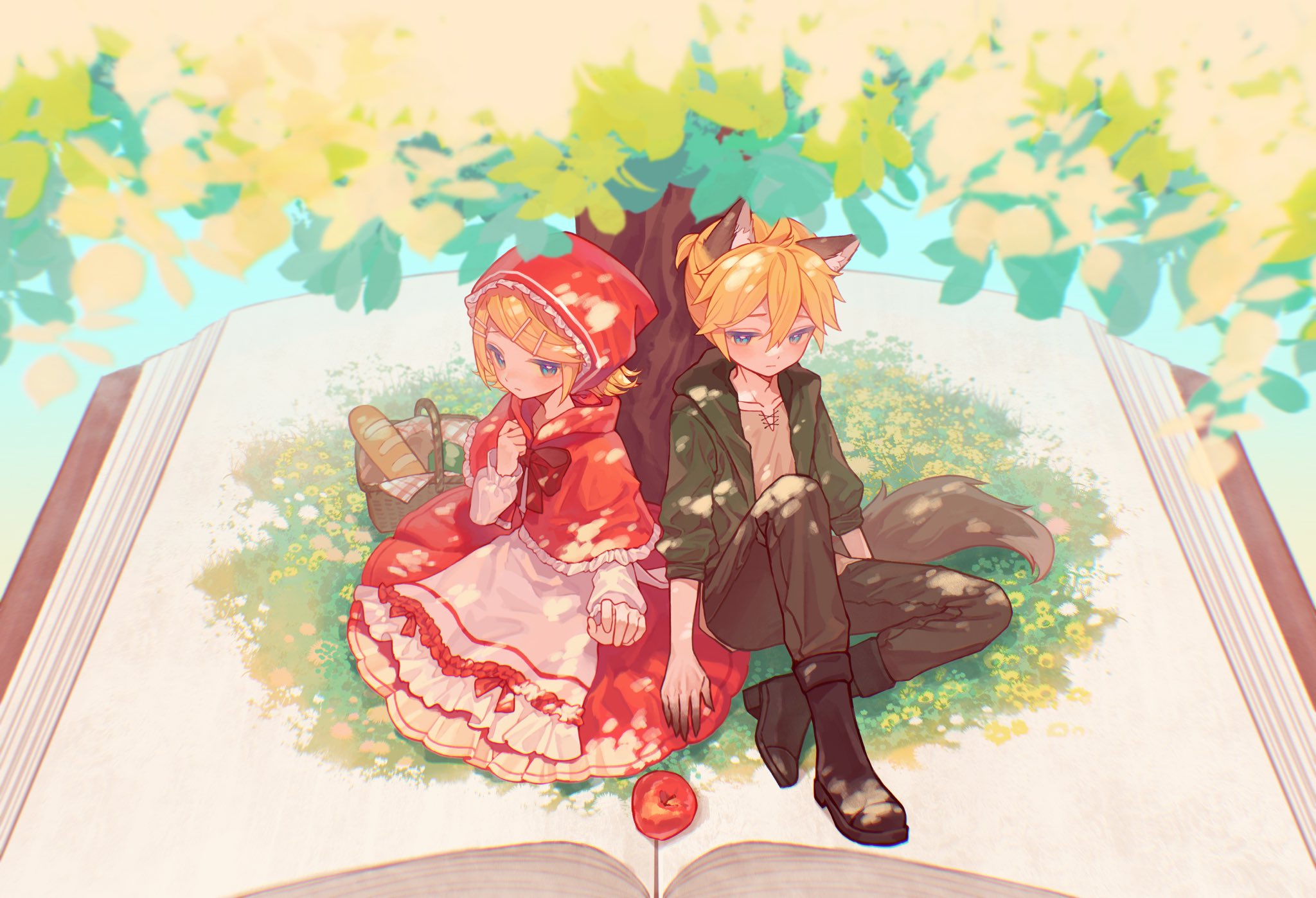 1boy 1girl animal_ears apple basket blonde_hair blue_eyes book boots bow bread brown_boots brown_pants brown_shirt capelet closed_mouth colored_extremities dress eob food frilled_dress frills fruit full_body green_jacket hair_between_eyes hair_ornament hairclip highres hood hood_down hooded_jacket jacket kagamine_len kagamine_rin long_sleeves looking_at_viewer open_book original pants red_bow red_capelet shirt short_hair sitting tail tree wolf_boy wolf_ears wolf_tail