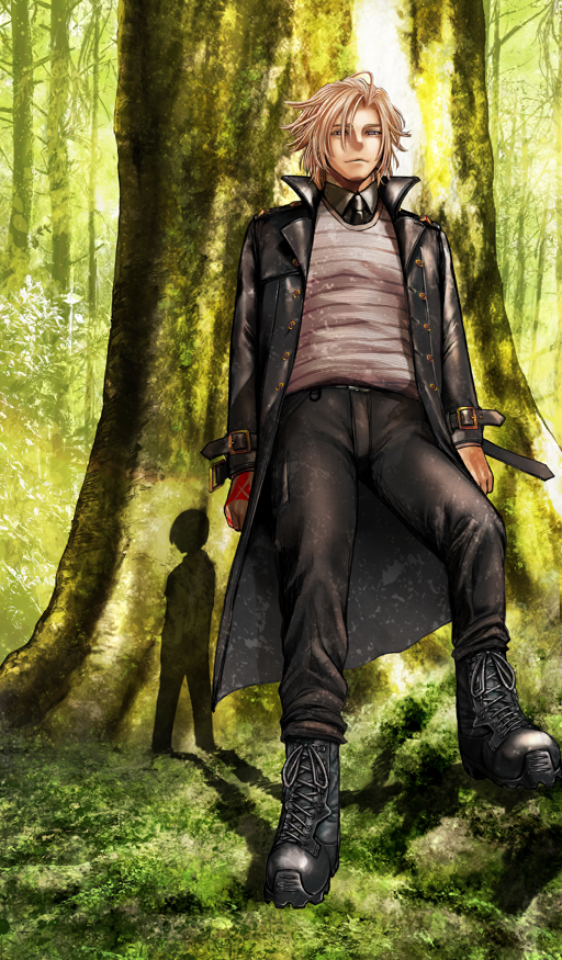 1boy arms_at_sides black_boots black_coat black_necktie black_pants blonde_hair boots brown_sweater closed_mouth coat collared_shirt command_spell commentary dappled_sunlight day daybit_sem_void different_shadow fate/grand_order fate_(series) foot_up full_body green_background grey_shirt hair_over_one_eye hand_tattoo lace-up_boots lapels legs_apart long_sleeves male_focus medium_hair nature necktie notched_lapels official_art open_clothes open_coat outdoors pants purple_eyes shirt solo standing sunlight sweater takahashi_keitarou tattoo third-party_source tree wing_collar