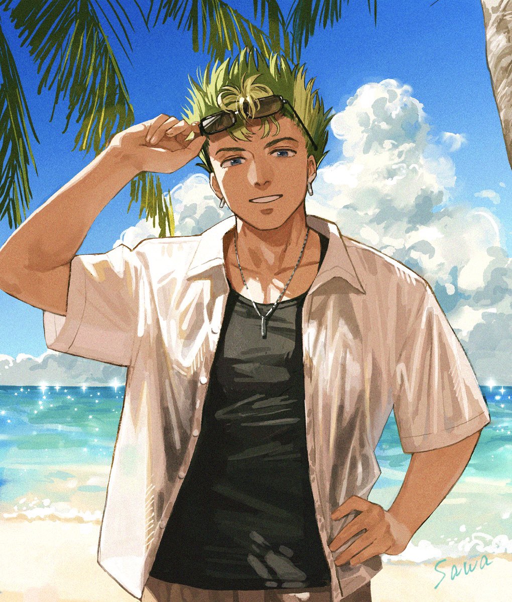 1boy artist_name beach black_shirt blue_eyes blue_sky cloud collared_shirt commentary_request earrings eiyuu_densetsu eyewear_on_head green_hair hand_on_own_hip highres horizon jewelry kevin_graham male_focus necklace palm_tree sawaponu3 shirt short_hair sky smile solo sora_no_kiseki sunglasses teeth tree upper_body white_shirt
