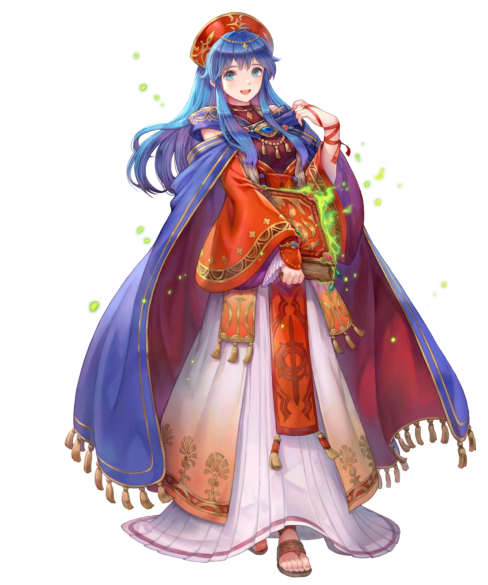 1girl blue_cape blue_eyes blue_hair book cape fire_emblem fire_emblem:_the_binding_blade fire_emblem_heroes haccan high_heel_sandals highres holding holding_book lilina_(brilliant_flame)_(fire_emblem) lilina_(fire_emblem) long_hair nintendo non-web_source official_alternate_costume official_art sandals smile solo